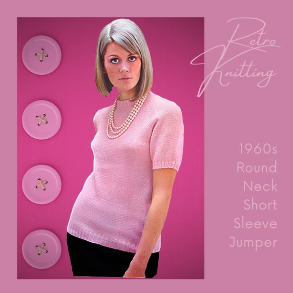 Knitted Top Pretty Pink Retro Short Sleeve Sweater 1960s Knitting PDF