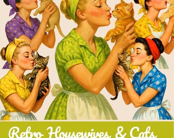 Vintage Housewife With Cats Clipart Bundle: 1950s Style Images (Digital Download, Commercial Use)