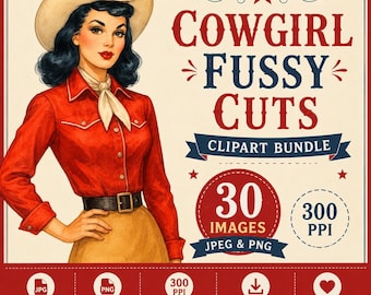 1950s Cowgirl Clipart Bundle: Retro Western Illustrations (Digital Download)