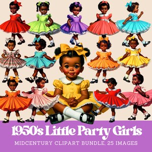 1950er Jahre niedliche afroamerikanische kleine Mädchen im Geburtstagsparty-Kleid Clip Art Kommerzielle Nutzung Vintage Geburtstagsparty kleine Mädchen