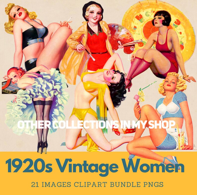 K&ouml;nnte beinhalten: Eine digitale Collage aus sechs illustrierten Figuren in verschiedenen Posen und Outfits, darunter Badeanz&uuml;ge und Kleider. Der Text lautet OTHER COLLECTIONS IN MY SHOP, 1920s Vintage Women und 21 IMAGES CLIPART BUNDLE PNGS auf gelbem Grund.