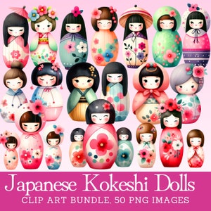 Kokeshi Doll Clip Art Bundle Bonecas tradicionais fofas do Japão Download digital