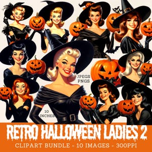Retro Halloween Ladies Clipart Bundle 1950s Halloween Witch Vintage Housewife Halloween digital image download Commercial Use