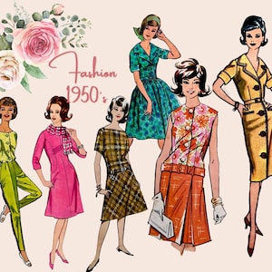 ミッドセンチュリーの女性ファッション クリップアート バンドル デジタル ダウンロード 1950 年代のクリップアート バンドル