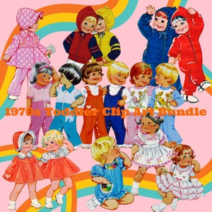 Pacote de clipart de bebês dos anos 1970 Pacote de clipart vintage para crianças Pacote de clipart de bebês dos anos 70 Clip Art Retro Toddlers