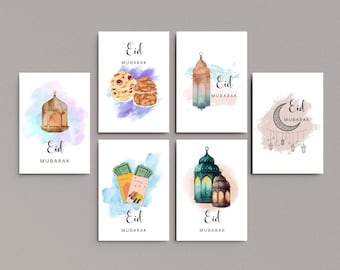 Eid Mubarak Card Set: Watercolor Lanterns, Moon (Digital Print)