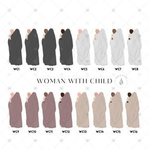 K&ouml;nnte beinhalten: Ein Set mit 16 digitalen Illustrationen einer Frau, die ein Kind h&auml;lt. Die Illustrationen sind in verschiedenen Farben, darunter Schwarz, Grau, Wei&szlig;, Rosa und Beige.