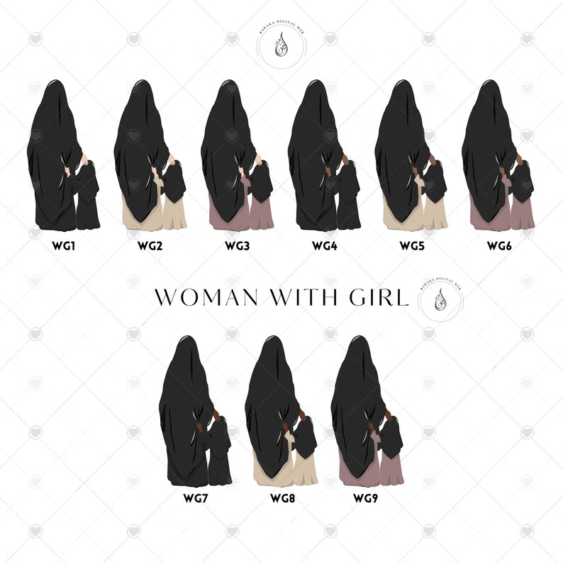 K&ouml;nnte beinhalten: Neun Illustrationen von Frauen, die schwarze Hijabs tragen, mit M&auml;dchen vor ihnen. Die M&auml;dchen tragen Kleider in verschiedenen Farben. Die Illustrationen sind mit WG1 bis WG9 beschriftet.