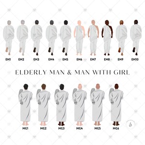 K&ouml;nnte beinhalten: Illustration von zehn verschiedenen Personen in wei&szlig;en Roben mit unterschiedlichen Hautt&ouml;nen und Haarfarben. Die Personen stehen in einer Reihe und sind vom Betrachter abgewandt. Das Bild ist mit "Elderly Man & Man with Girl" beschriftet und enth&auml;lt individuelle Beschriftungen f&uuml;r jede Person.
