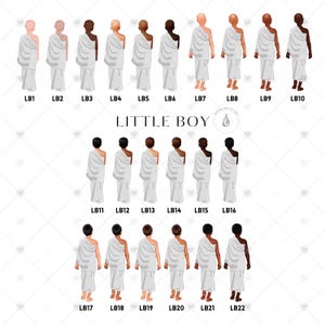 K&ouml;nnte beinhalten: Ein Satz von 22 digitalen Illustrationen von Kindern in wei&szlig;en Roben, mit verschiedenen Hautt&ouml;nen und Frisuren. Die Illustrationen sind mit den Nummern LB1 bis LB22 beschriftet.