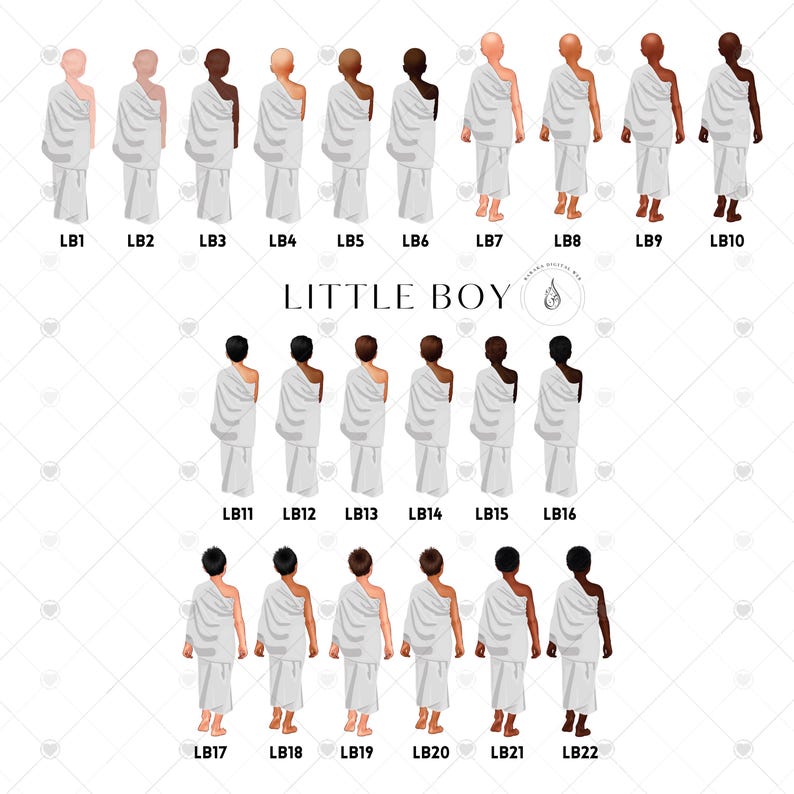 K&ouml;nnte beinhalten: Ein Satz von 22 digitalen Illustrationen von Kindern in wei&szlig;en Roben, mit verschiedenen Hautt&ouml;nen und Frisuren. Die Illustrationen sind mit den Nummern LB1 bis LB22 beschriftet.