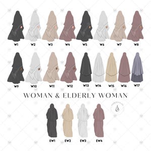 K&ouml;nnte beinhalten: Eine digitale Illustration von 17 verschiedenen Stilen von Frauen, die ein Hijab tragen. Die Illustrationen sind in verschiedenen Farben, darunter Schwarz, Wei&szlig;, Grau, Beige, Braun, Rosa und Blau. Der Text "WOMAN & ELDERLY WOMAN" befindet sich unter den Illustrationen.