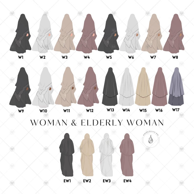 K&ouml;nnte beinhalten: Eine digitale Illustration von 17 verschiedenen Stilen von Frauen, die ein Hijab tragen. Die Illustrationen sind in verschiedenen Farben, darunter Schwarz, Wei&szlig;, Grau, Beige, Braun, Rosa und Blau. Der Text "WOMAN & ELDERLY WOMAN" befindet sich unter den Illustrationen.
