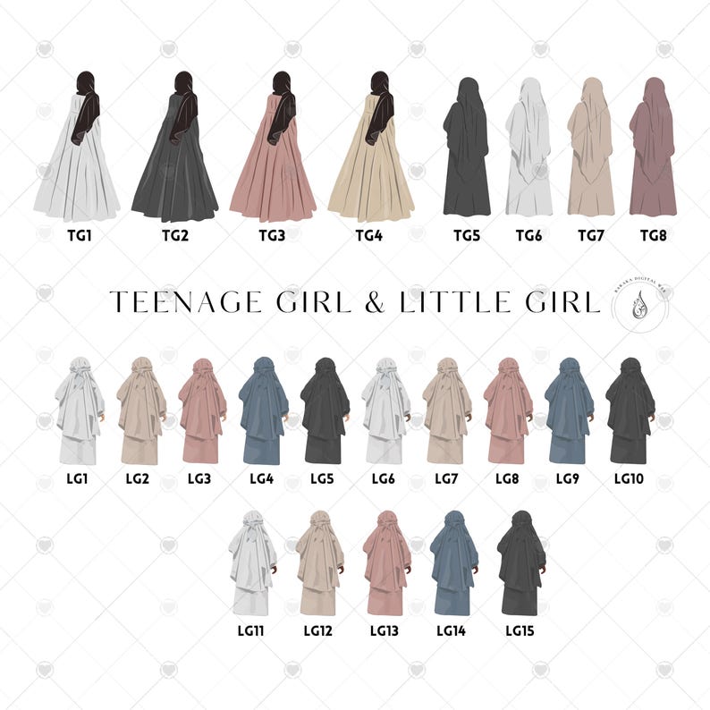 K&ouml;nnte beinhalten: Eine digitale Illustration von 15 verschiedenen Hijab-Stilen f&uuml;r Teenager-M&auml;dchen und kleine M&auml;dchen. Die Illustrationen sind in verschiedenen Farben, darunter Wei&szlig;, Schwarz, Grau, Beige, Rosa und Blau.