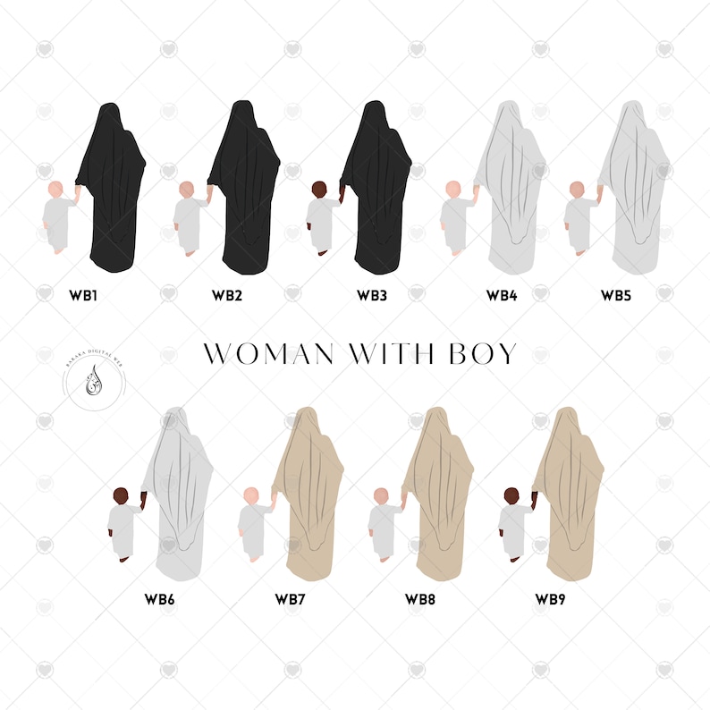 K&ouml;nnte beinhalten: Neun digitale Illustrationen einer Frau, die ein Hijab tr&auml;gt und ein Kind an der Hand h&auml;lt. Die Frauen tragen Hijabs in verschiedenen Farben, darunter Schwarz, Wei&szlig; und Beige. Die Kinder tragen alle wei&szlig;e Kleidung. Die Illustrationen sind mit den Buchstaben WB1 bis WB9 beschriftet.