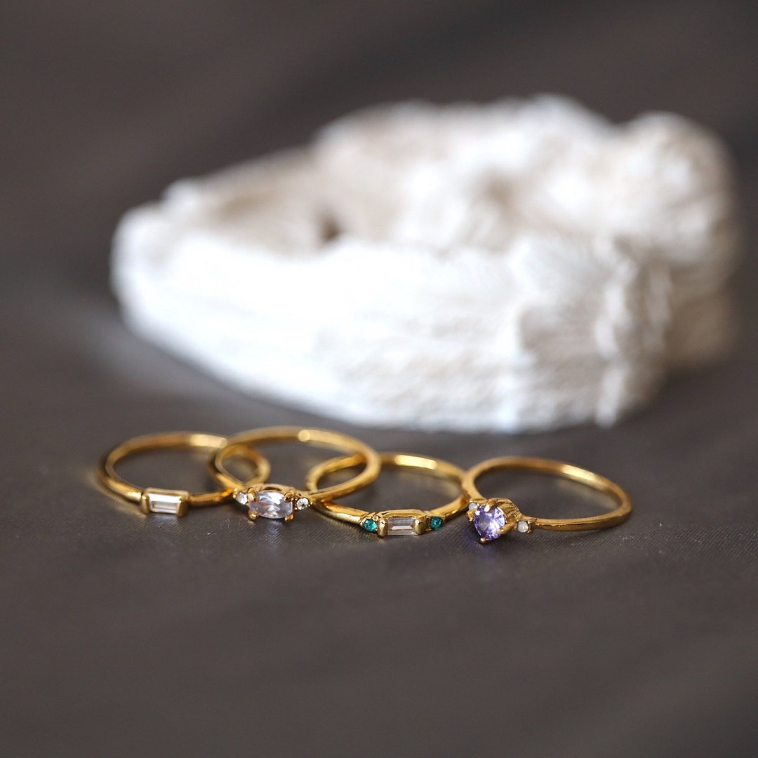 Gemstone Gold Ring Set Thin Gold Band Ring Set Lightweight Etsy