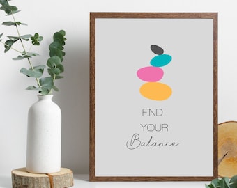 Encuentra tu Balance Wall Art, Stone Balancing Art, Impresión digital inspiradora para Office