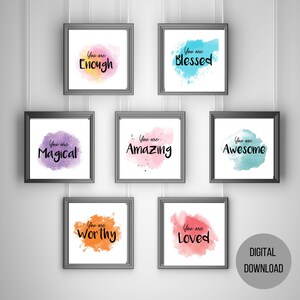 Puede incluir: Conjunto de seis impresiones de arte de pared imprimibles con fondos de acuarela y mensajes inspiradores. Los mensajes son "You are Enough", "You are Blessed", "You are Magical", "You are Amazing", "You are Worthy", y "You are Loved".