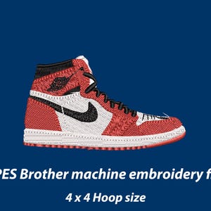 May include: An embroidered red and white high-top sneaker with a black swoosh and laces. The design is set against a dark blue background. Text at the bottom reads: .PES Brother machine embroidery file, 4 x 4 Hoop size.