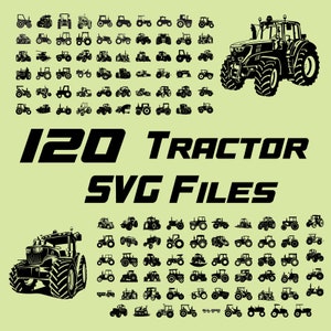 Op de afbeelding: Een verzameling van 120 zwart-witte tractor SVG-bestanden. De afbeelding toont een verscheidenheid aan tractorsilhouetten, waaronder klassieke, moderne en landbouwtractoren. De tekst "120 TRACTOR SVG FILES" wordt onder de afbeeldingen weergegeven.