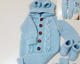 Ensemble de tricot bébé 3 pièces en laine mérinos, composé d’une combinaison, de gants et de chaussettes