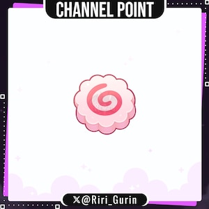 May include: A digital illustration of a pink and white narutomaki fish cake with a scalloped edge and a central pink spiral. The image features the text CHANNEL POINT at the top and X@Riri_Gurin at the bottom against a white square background.