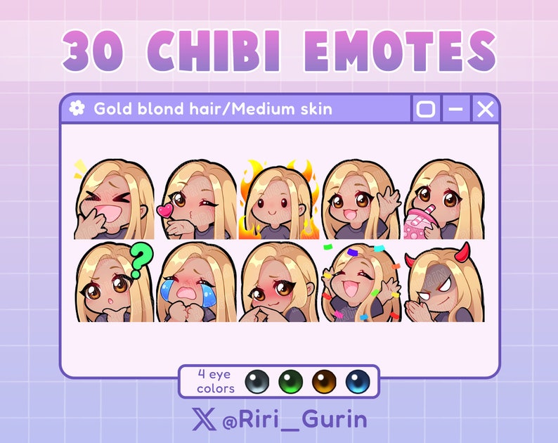 SUPER SET Cute Girl Chibi emotes medium skin/gold blonde hair for Twitch/Discord/Youtube Kawaii emote pack streaming image 4