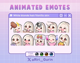 SUPER SET Cute Girl Chibi Animated emotes (vanilla skin/white blonde hair) for Twitch/Discord/Youtube | Kawaii | emote pack gaming streaming