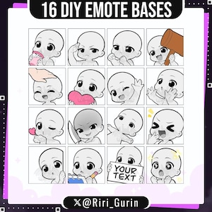 May include: Sixteen DIY emote bases with diverse expressions and poses. Each base is a simple cartoon character with a blank face, ready for customisation. The top banner reads "16 DIY EMOTE BASES". The artist's name is displayed at the bottom.
