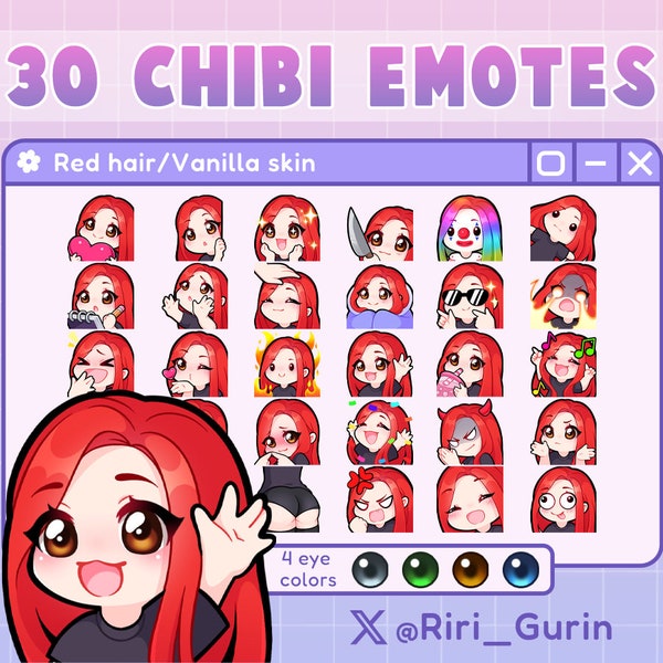 SUPER SET Cute Girl Chibi Emotes (piel de vainilla/pelo rojo) para Twitch/Discord/Youtube / Kawaii / transmisión de juegos de paquetes de gestos