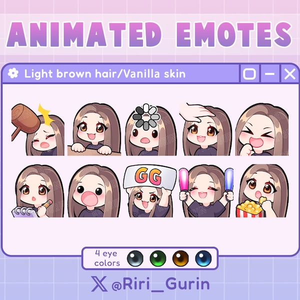 SUPER SET d'émoticônes animées Cute Girl Chibi (peau vanille/cheveux châtain clair) pour Twitch/Discord/Youtube | Kawaii | Pack d'émoticônes gaming en streaming