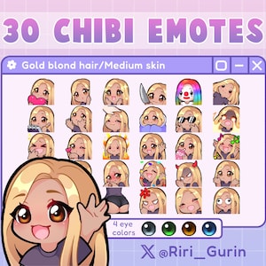SUPER SET Cute Girl Chibi emotes medium skin/gold blonde hair for Twitch/Discord/Youtube Kawaii emote pack streaming image 1