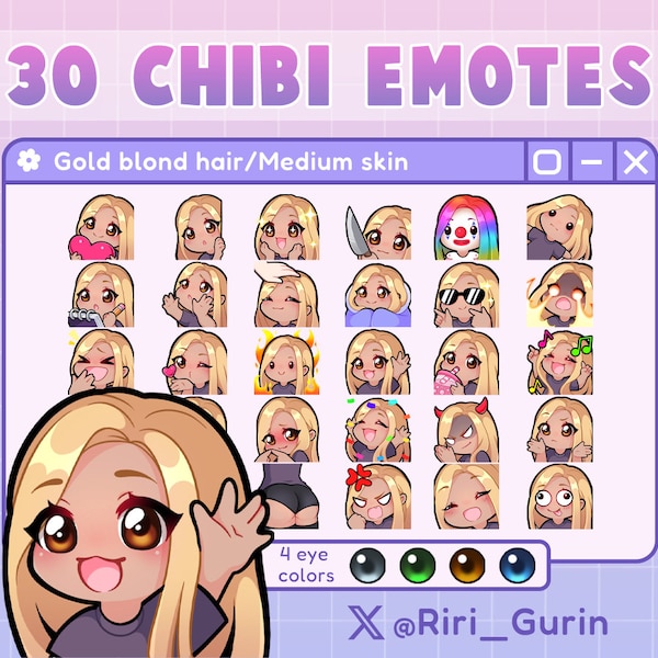 SUPER SET Cute Girl Chibi emotes (medium skin/gold blonde hair)  for Twitch/Discord/Youtube | Kawaii | emote pack streaming