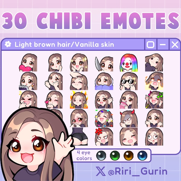 SUPER SET d'émoticônes Chibi Cute Girl (peau vanille/cheveux châtain clair) pour Twitch/Discord/Youtube | Kawaii | Pack d'émoticônes en streaming