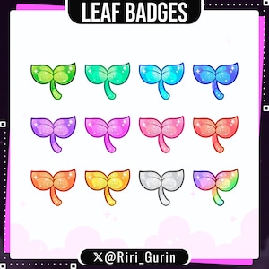 May include: A collection of twelve leaf badges in various colors, including green, blue, purple, pink, orange, yellow, and silver. Each badge features a two-leaf design with a stem, and a sparkling effect.