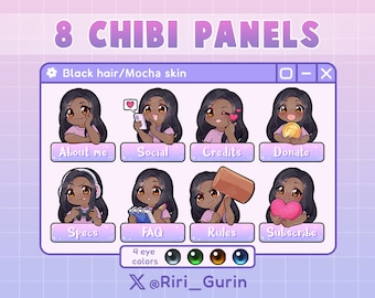SUPER SET Cute Girl Chibi panels (mocha skin/black hair)  for Twitch | Kawaii | panel pack streaming