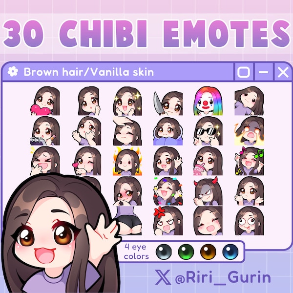 SUPER SET Cute Girl Chibi emotes (vanilla skin/brown hair)  for Twitch/Discord/Youtube | Kawaii | emote pack gaming streaming