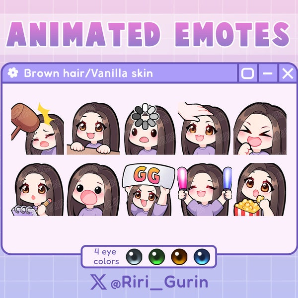 SUPER SET Cute Girl Chibi  Animated emotes (vanilla skin/brown hair)  for Twitch/Discord/Youtube | Kawaii | emote pack gaming streaming