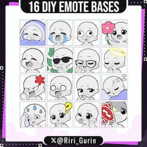 May include: Sixteen DIY emote bases with different expressions, including crying, anger, and sleep. The cartoon-style emotes have features like a halo, glasses, and a question mark. Text at the top reads "16 DIY EMOTE BASES". The artist's name is at the bottom.