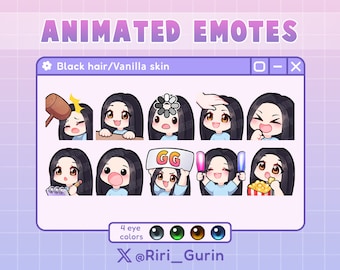 SUPER SET Cute Girl Chibi  Animated emotes (vanilla skin/black hair)  for Twitch/Discord/Youtube | Kawaii | emote pack gaming streaming