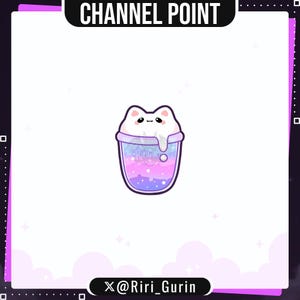 Könnte beinhalten: Ein niedlicher Cartoon-Katzenkopf, der aus einem bunten Getränk herausragt. Das Getränk ist eine Mischung aus Lila, Rosa und Blau mit Sternen und dem Text "Riri Gurin". Das Bild enthält den Text "CHANNEL POINT" und "X @Riri_Gurin".