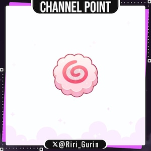 May include: A pink and white cartoon narutomaki, a type of Japanese fish cake, with a spiral design in the center. The image has the text "CHANNEL POINT" at the top and "X @Riri_Gurin" at the bottom.