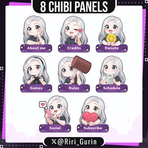 May include: Eight digital chibi panels featuring a character with long silver hair and a black shirt. The panels include labels: About me, Credits, Donate, Games, Rules, Schedule, Social, and Subscribe. The text @Riri_Gurin is at the bottom.