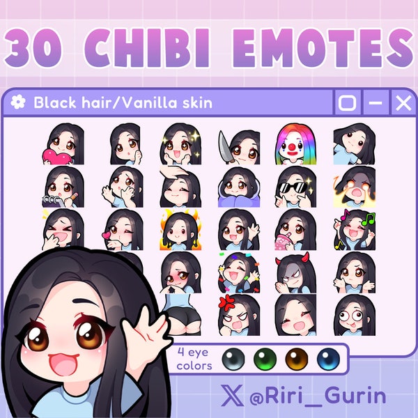 SUPER SET d'émoticônes Chibi Cute Girl (peau vanille/cheveux noirs) pour Twitch/Discord/Youtube | Kawaii | Pack d'émoticônes gaming en streaming