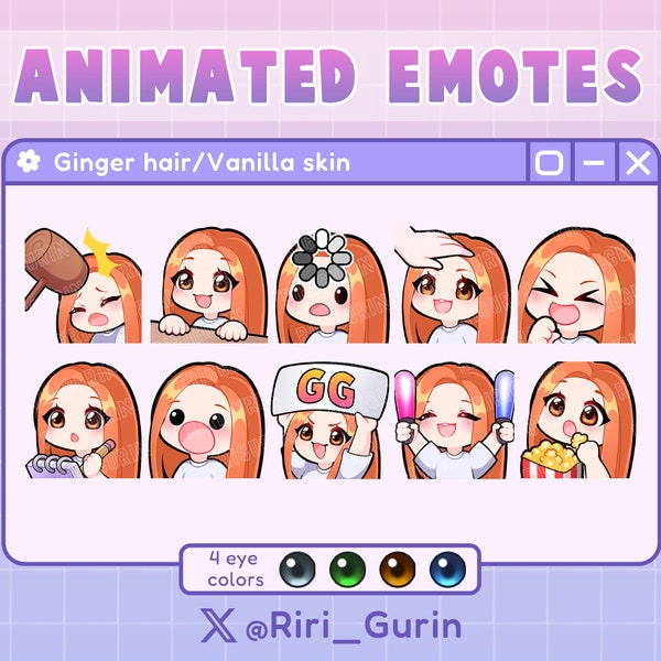 SUPER ENSEMBLE d'émoticônes animées Cute Girl Chibi (peau vanille/cheveux roux) pour Twitch/Discord/Youtube | Kawaii | Pack d'émoticônes gaming en streaming