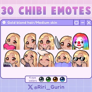 SUPER SET Cute Girl Chibi emotes medium skin/gold blonde hair for Twitch/Discord/Youtube Kawaii emote pack streaming image 3