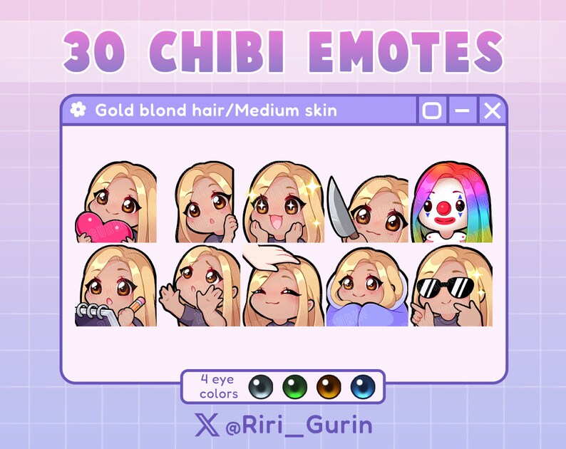 SUPER SET Cute Girl Chibi emotes medium skin/gold blonde hair for Twitch/Discord/Youtube Kawaii emote pack streaming image 3