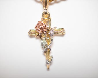 14K Bonded Gold Necklace with Rose Cross Charm Best Unisex Christmas Gift for Men, Women, Girlfriend, Boyfriend, Bestfriend, with Gift Box