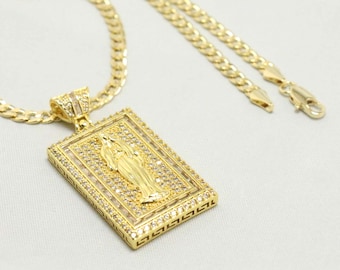 14K Bonded Gold Necklace with Square Saint Charm, Best Unisex Christmas Gift for Men, Women, Girlfriend, Boyfriend, Bestfriend with Gift Box