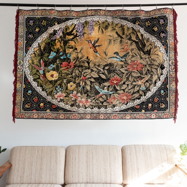 Vintage Tapisserie Paradiesvögel Natur Colibri Blumen Wandteppich Wandbehang 1970er Jahre